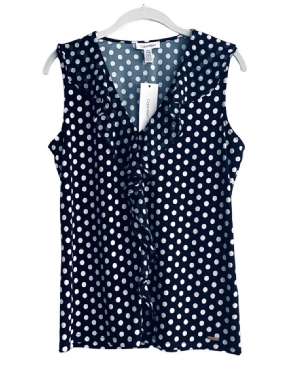 NEW Calvin Klein Sleeveless Ruffle V-neck Blouse Polka Dot Blue White Size M